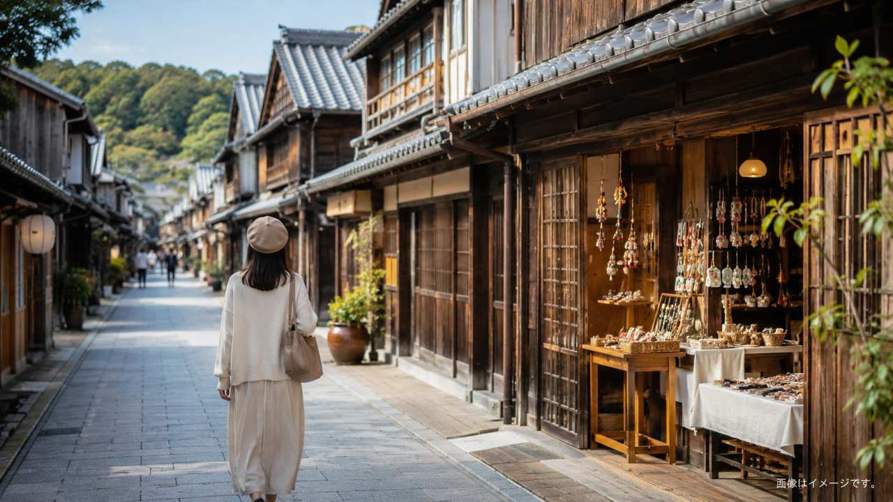 おはらい町を歩きながら小さなアクセサリー店を探す旅行者の後ろ姿