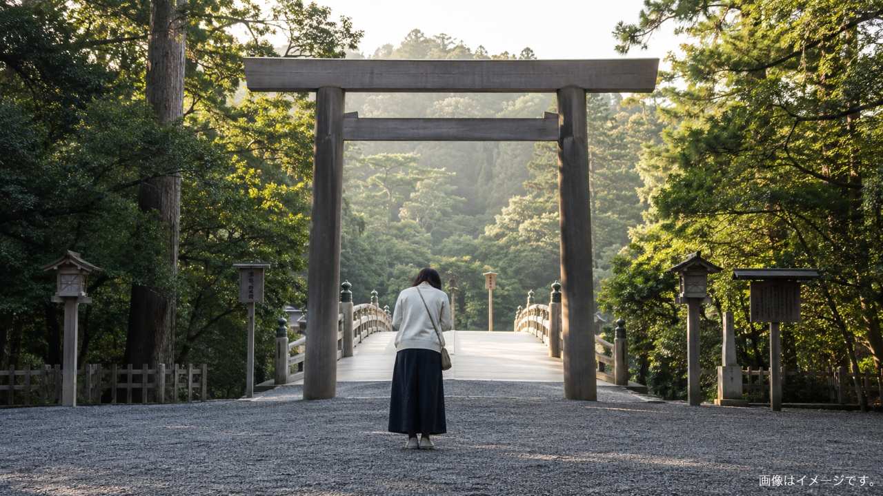 伊勢神宮の参拝マナーを表す、鳥居の前で一礼する参拝者の後ろ姿