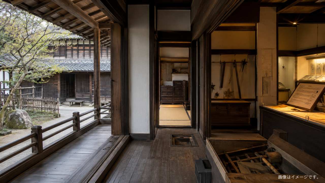 伊賀の山里にある忍者屋敷をイメージした写真風画像。木造建築、からくりのある室内、資料展示を連想させる落ち着いた構図