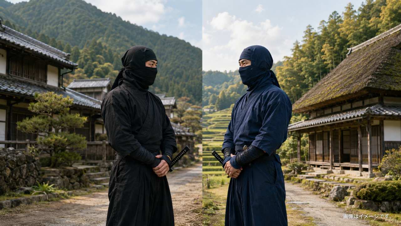 伊賀忍者と甲賀忍者の違いをテーマにしたブログ用アイキャッチ画像。左側に三重県伊賀の山里と忍者屋敷、右側に滋賀県甲賀の里山と忍術屋敷を配置