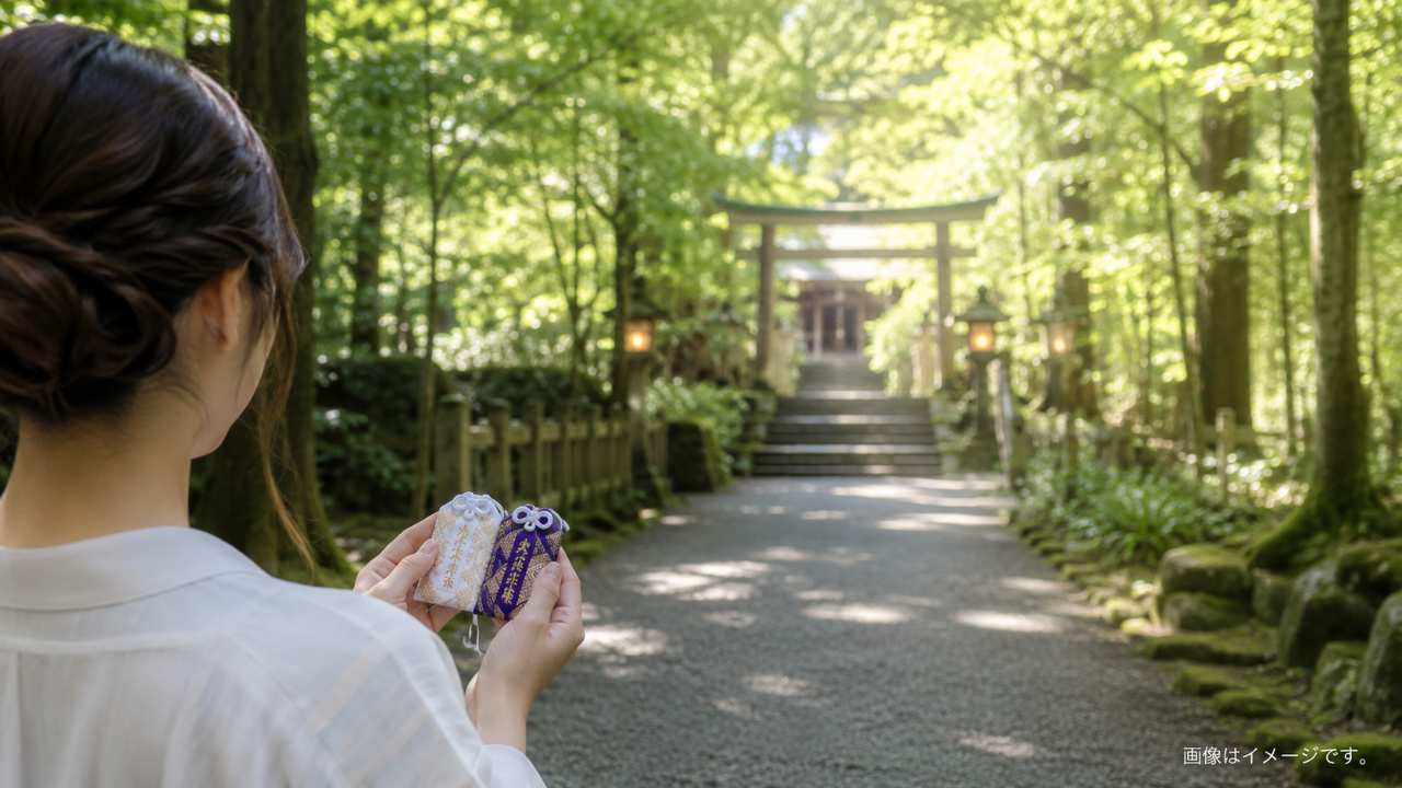 三重県の神社参道を思わせる深い緑の森、木漏れ日、手元に上品なお守りを持つ参拝者