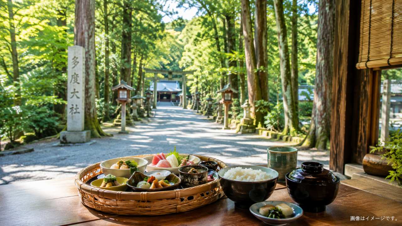 多度大社の緑豊かな参道と和食ランチ