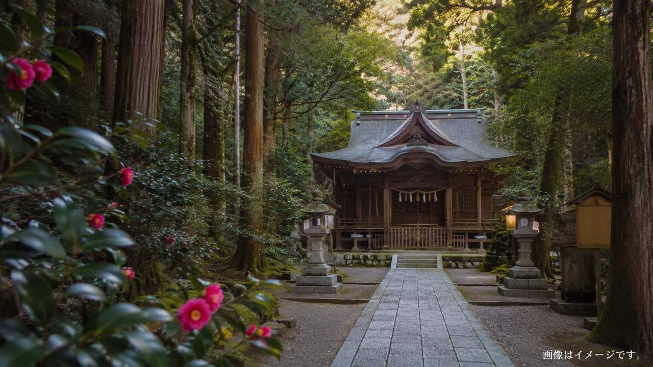 三重県鈴鹿市の深い森に包まれた神社の参道と木造の拝殿