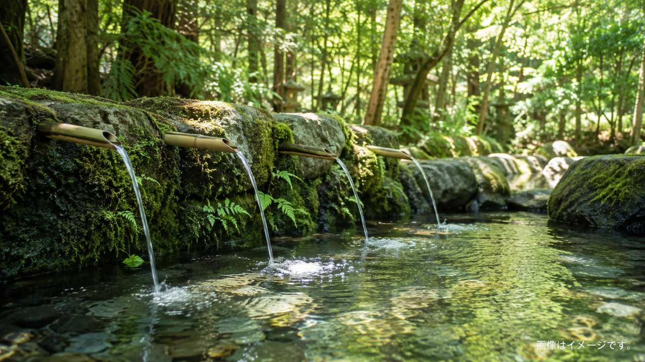 瀧原宮の御手洗場をイメージした清らかな水辺、苔むした石、木漏れ日、静かな浄化の雰囲気を実写風写真で表現