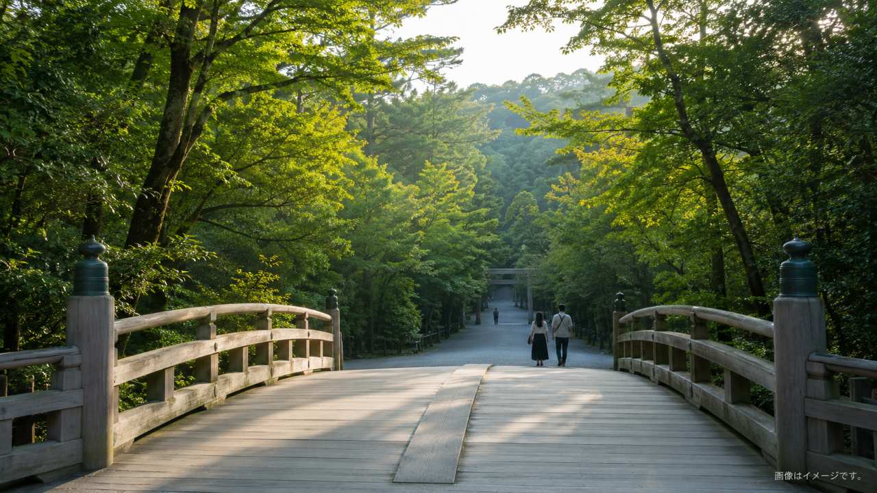 伊勢神宮の内宮をイメージした宇治橋と緑豊かな参道