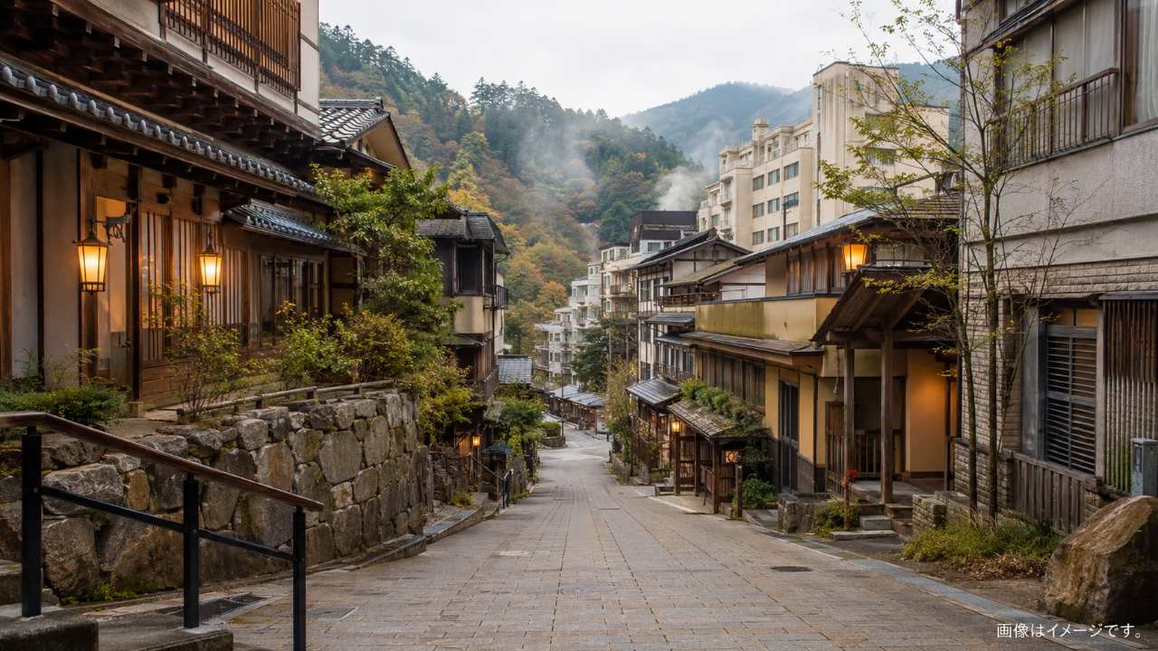 湯の山温泉の坂道と古い建物が続く温泉街を、散策目線で切り取った実写風・写真風画像