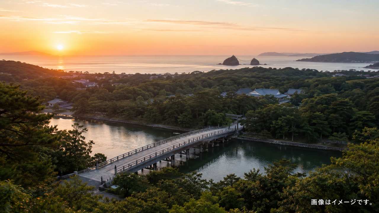 伊勢神宮周辺の朝旅イメージ、宇治橋、夫婦岩、朝熊山頂展望台を連想させる自然風景をコラージュ風ではなく一枚の旅情ある写真として表現