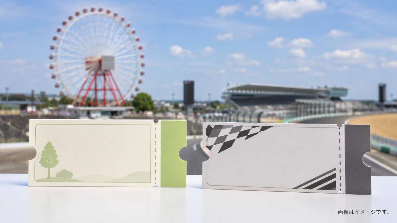 鈴鹿サーキットの観覧車とレーシングコースを背景に、パーク入園券とレース観戦券をイメージした2種類の無地チケットを並べた実写風写真