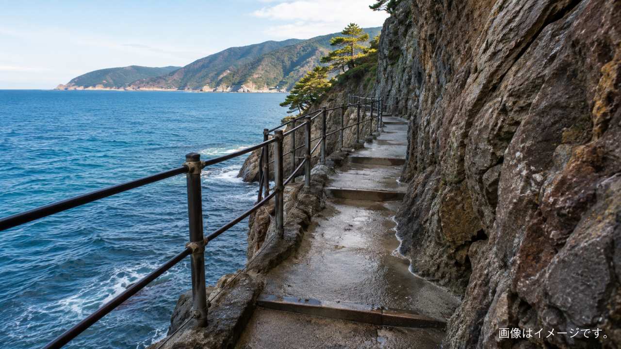 海岸沿いの狭い岩の遊歩道をイメージした実写風写真