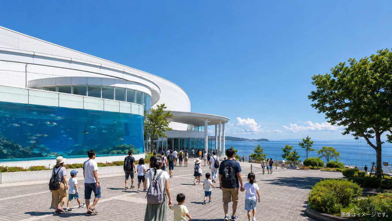 三重県鳥羽市の海沿いにある大型水族館をイメージした、明るく爽やかなブログ用アイキャッチ画像