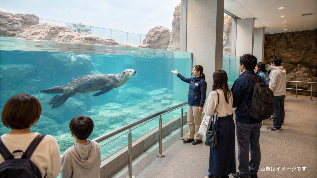 人気のラッコ水槽をイメージした実写写真風の画像。透明な水槽の中でラッコが泳ぎ、水槽前では来館者が係員の案内に従って整然と観覧している