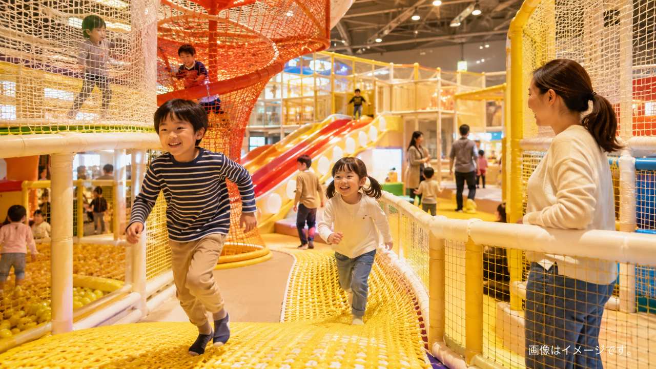 雨の日に明るい屋内アスレチックでネット遊具やスライダーを楽しむ幼児