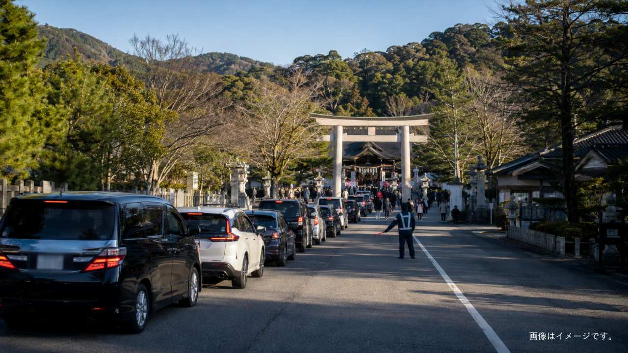 初詣シーズンの日本の神社へ向かう車列