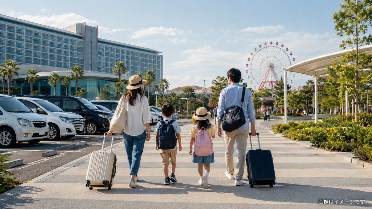 鈴鹿サーキットホテルの駐車場からテーマパーク入口へ歩く家族をイメージした実写風写真