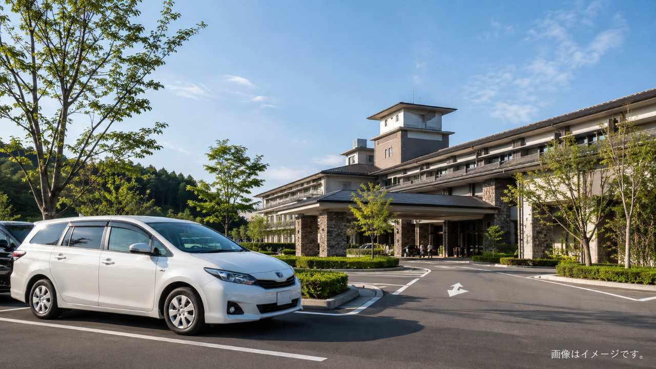 三重県の鈴鹿サーキットホテルをイメージした、明るく清潔感のある宿泊者用駐車場の実写風写真