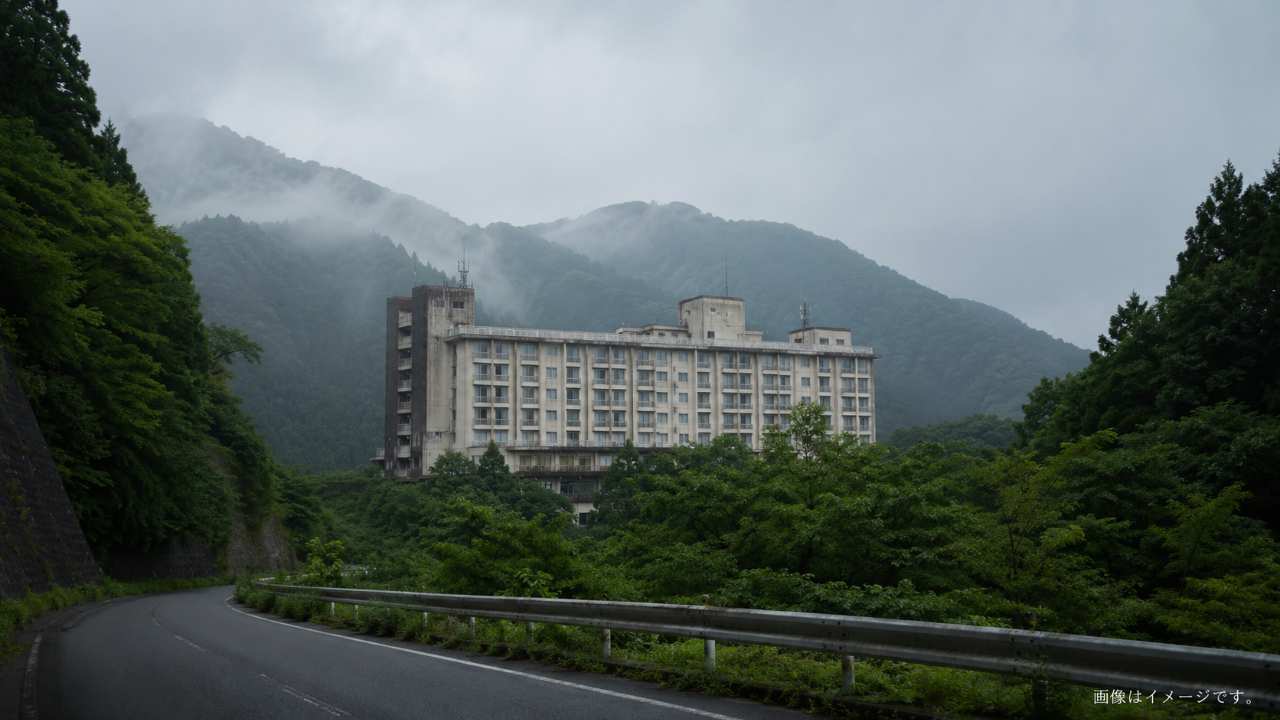 三重県の山あいにある昭和期の旧リゾートホテルを、公共の道路から遠景で眺めた実写風の風景写真
