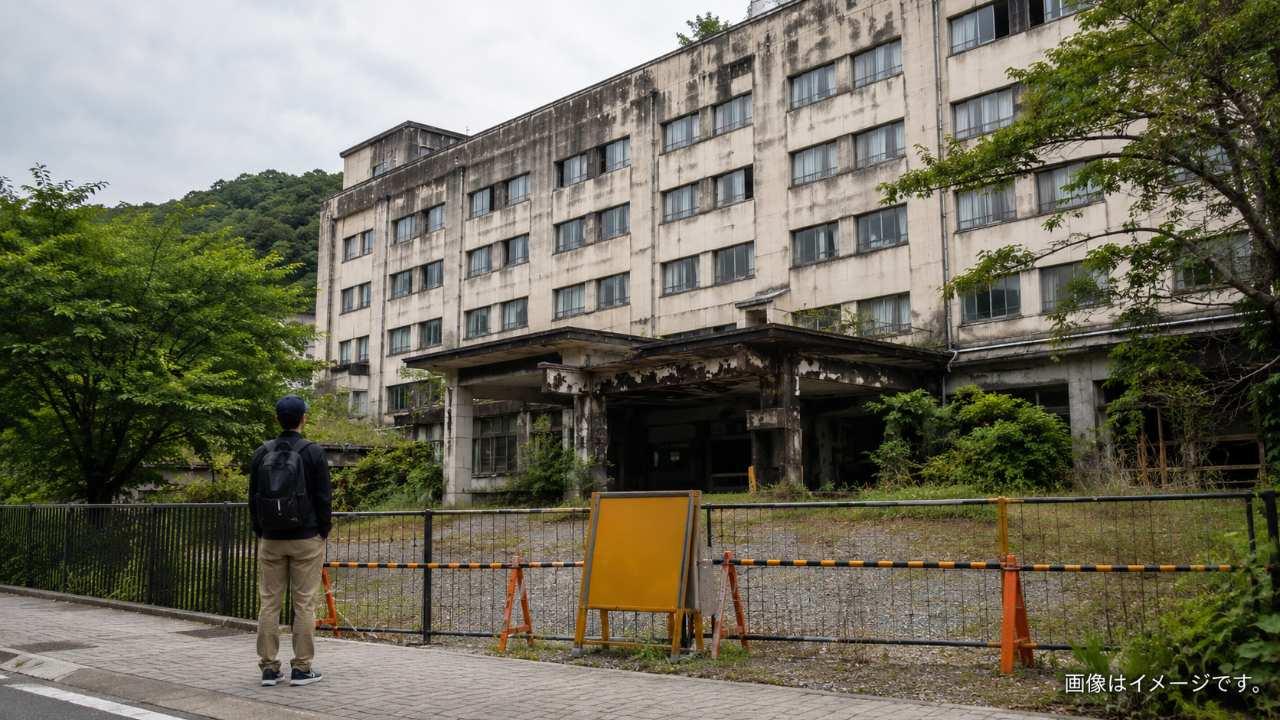 老朽化した旧ホテルの手前に立入禁止の柵と注意看板があり、旅行者が公共の歩道側で立ち止まっている安全啓発用の実写風写真