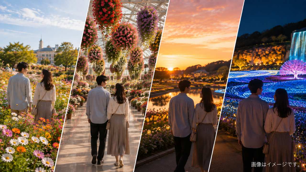 季節の花から夜のイルミネーションまで順番に巡るカップル