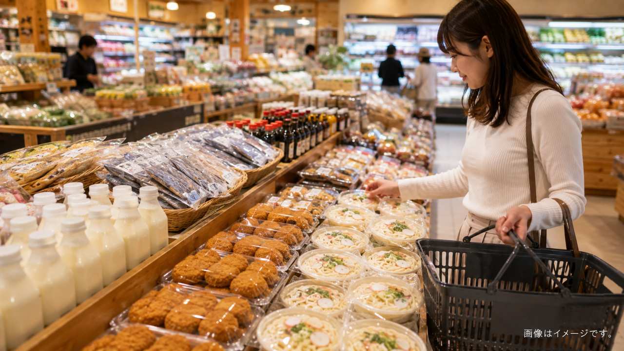 三重県のご当地食品が並ぶスーパーの売場で買い物かごを持って商品を選ぶ旅行者