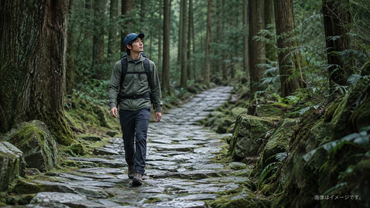 春と秋の熊野古道を歩く旅行者と石畳の風景