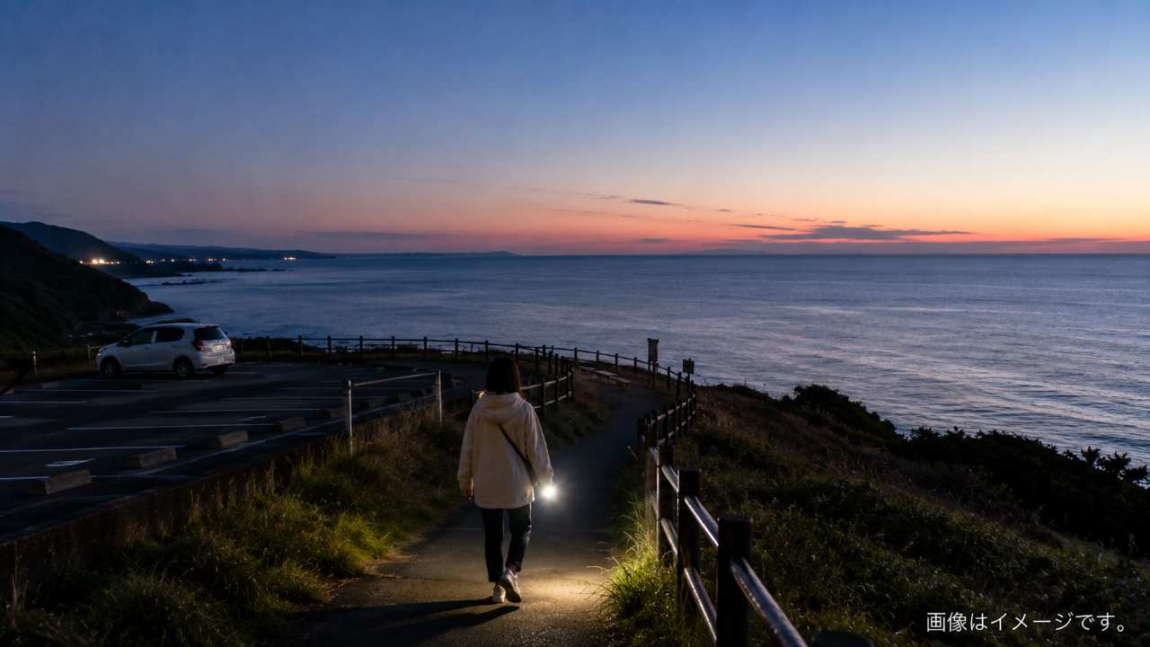 鳥羽展望台から太平洋の水平線に昇る朝日を望む風景