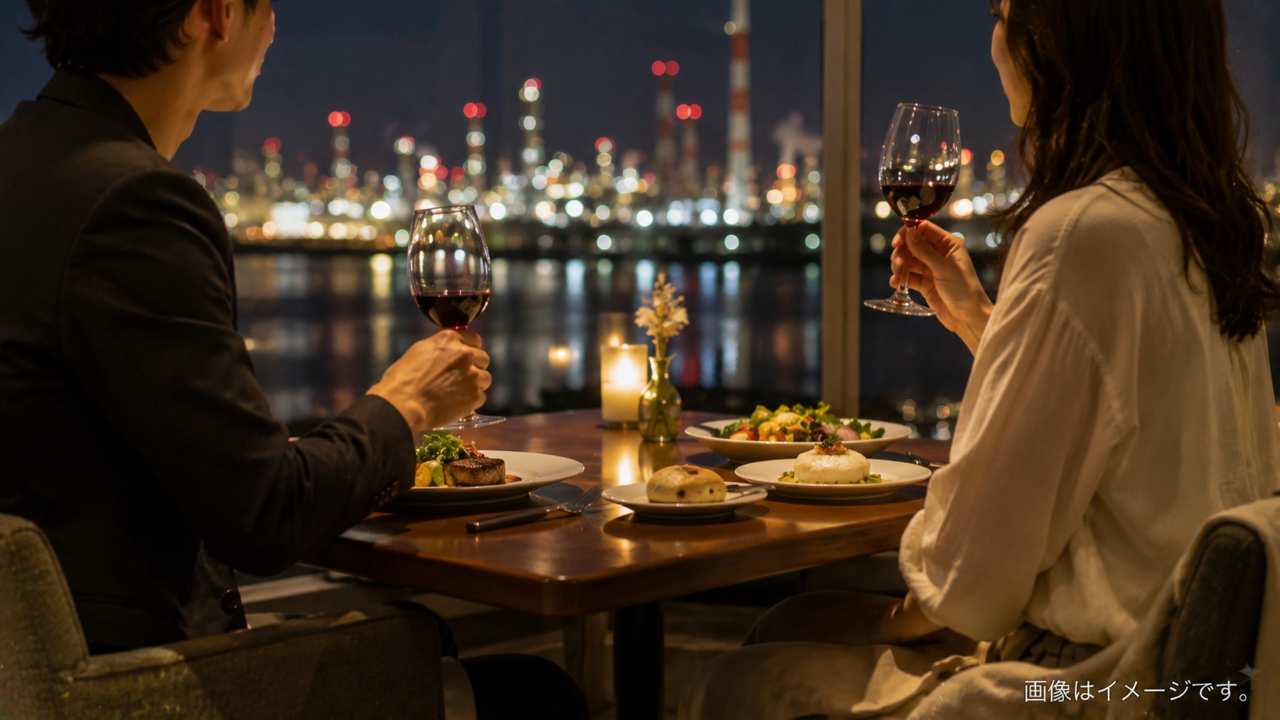 四日市コンビナートの光と温泉やイルミネーションを比較する夜景風景