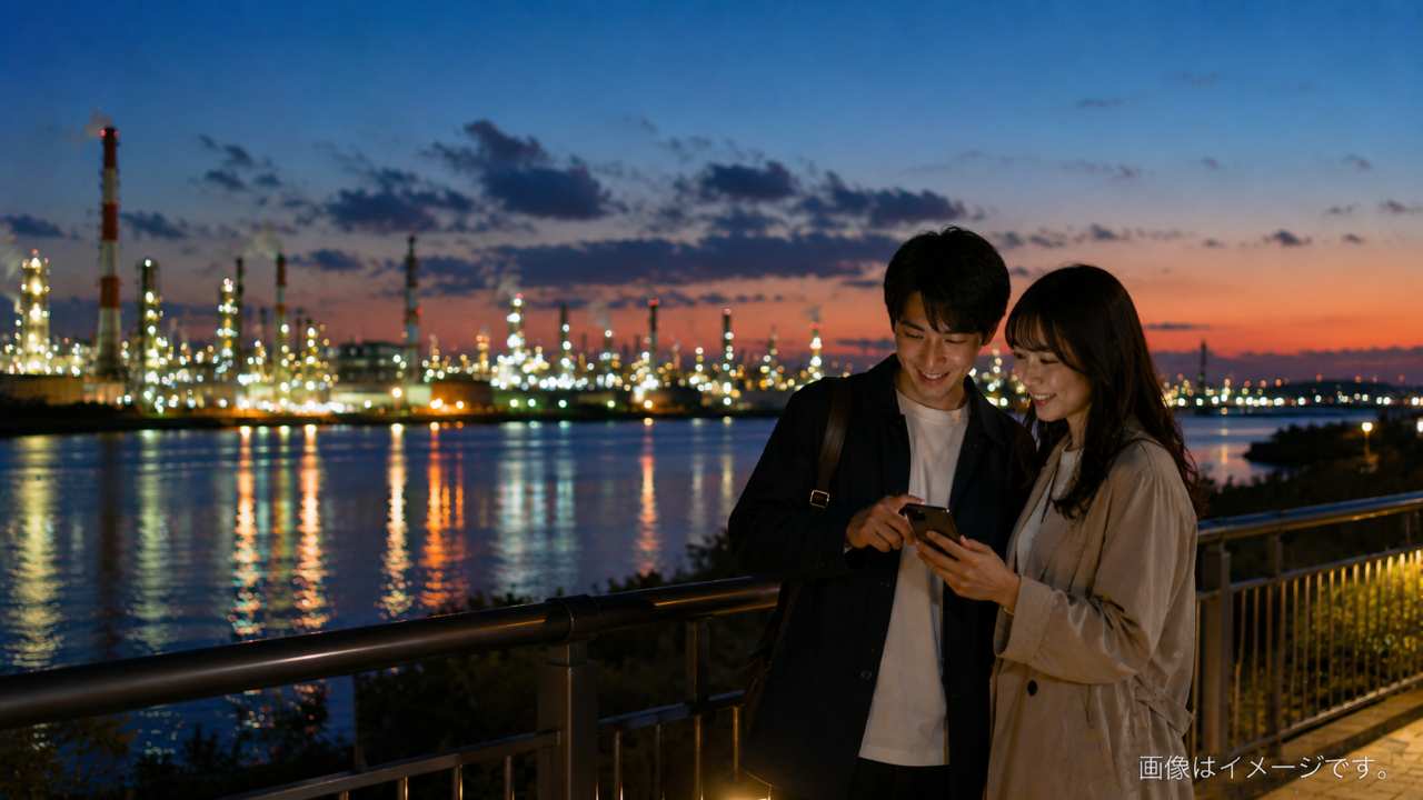 四日市港の工場夜景と展望スポットを見比べる旅行者